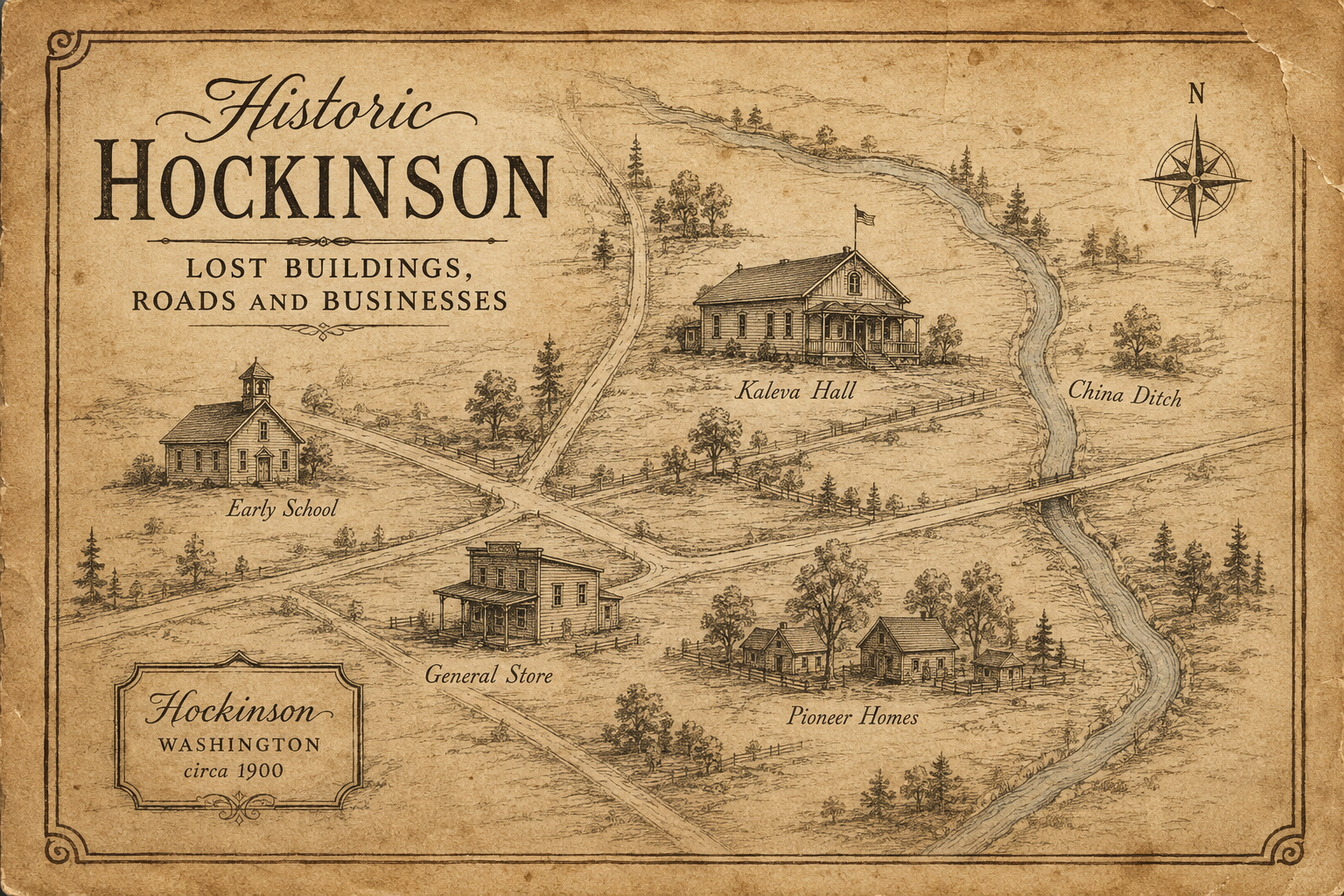 Interpretive heritage view of Hockinson's historic town center, roads and businesses