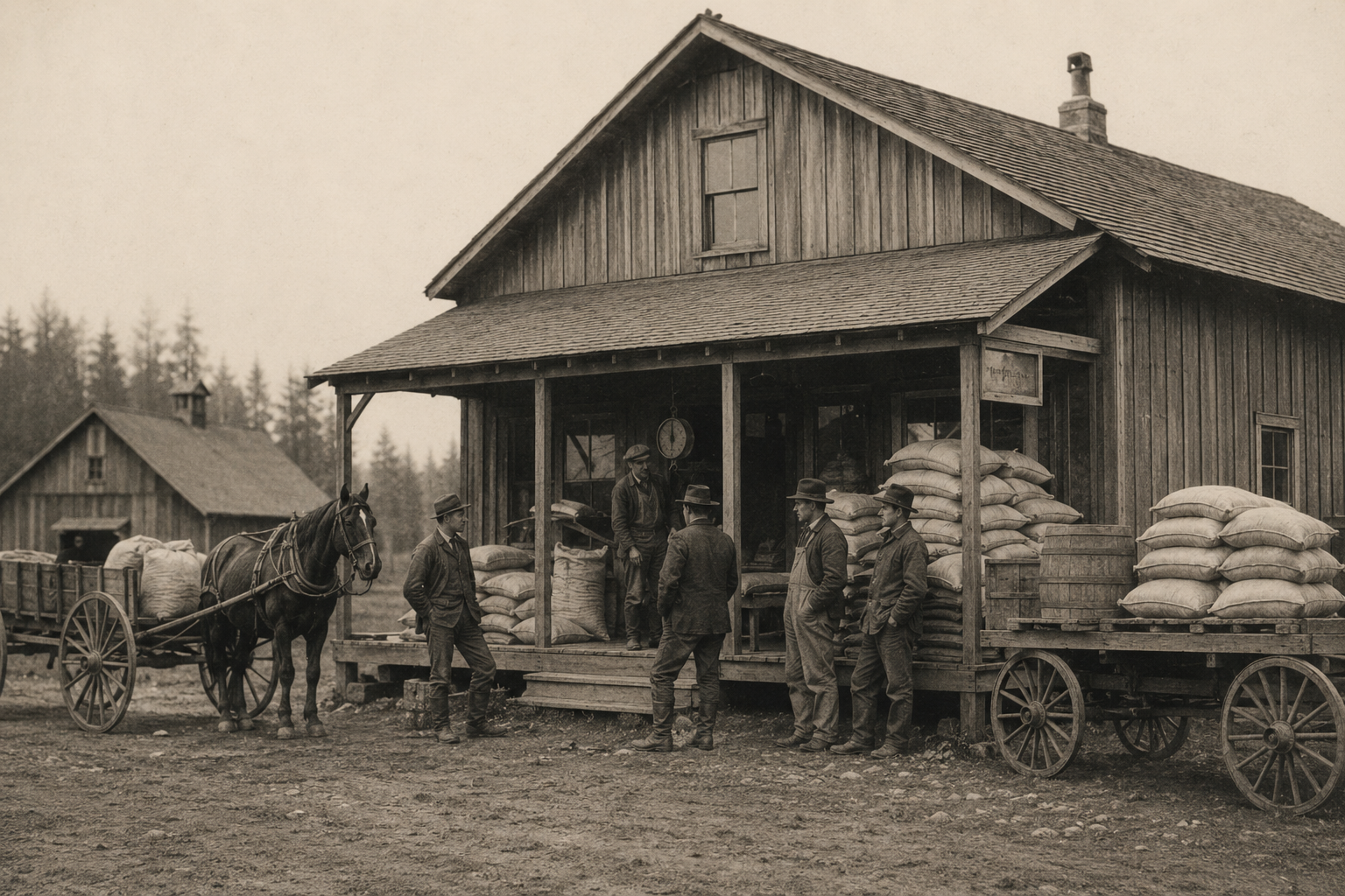 Period-style illustration representing Hockinson's agricultural co-op and farm community