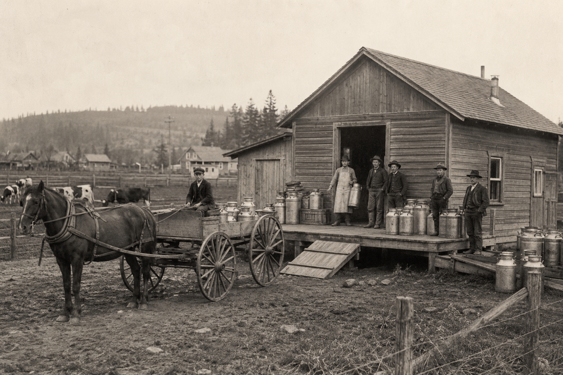 Period-style illustration representing early dairy and creamery work in Hockinson
