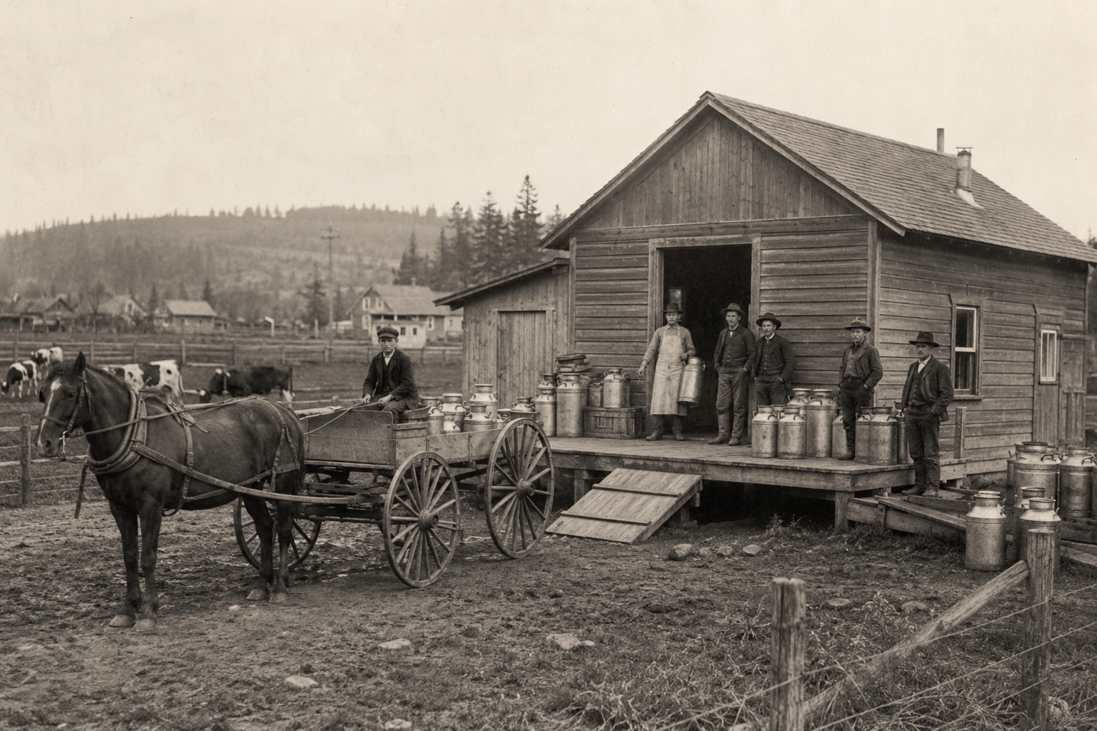 Period-style illustration representing early dairy and creamery work in Hockinson
