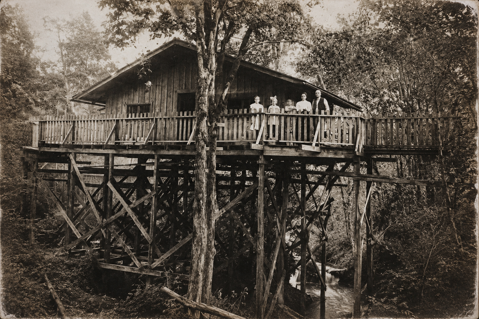 Period-style illustration of the elevated house over a creek on Hockinson's Kelly Hill