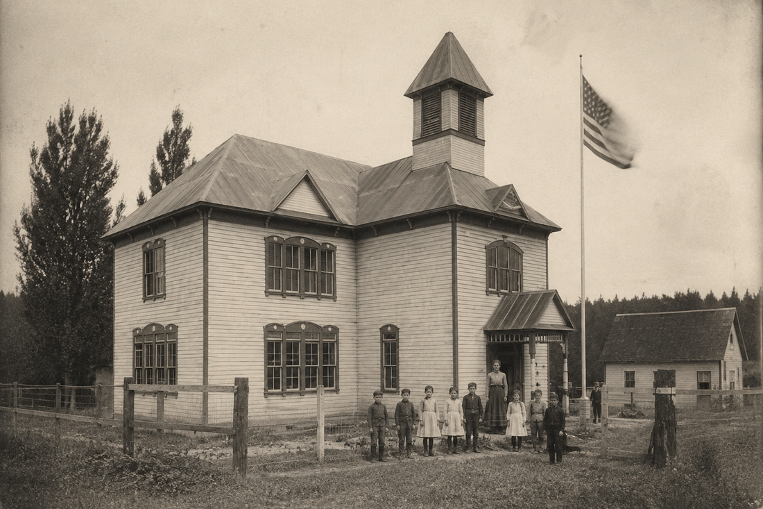 Period-style illustration of a rural one-room school representing early Hockinson education