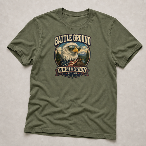Battle Ground WA bald eagle sunglasses T-shirt flat lay, front view