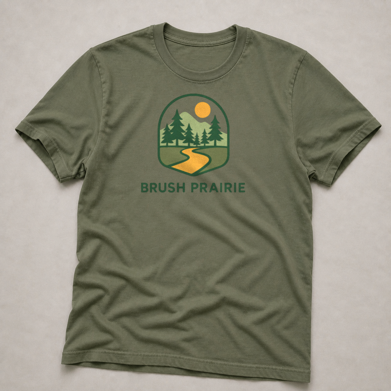 Front print view of Brush Prairie WA Mountain Tree Shirt