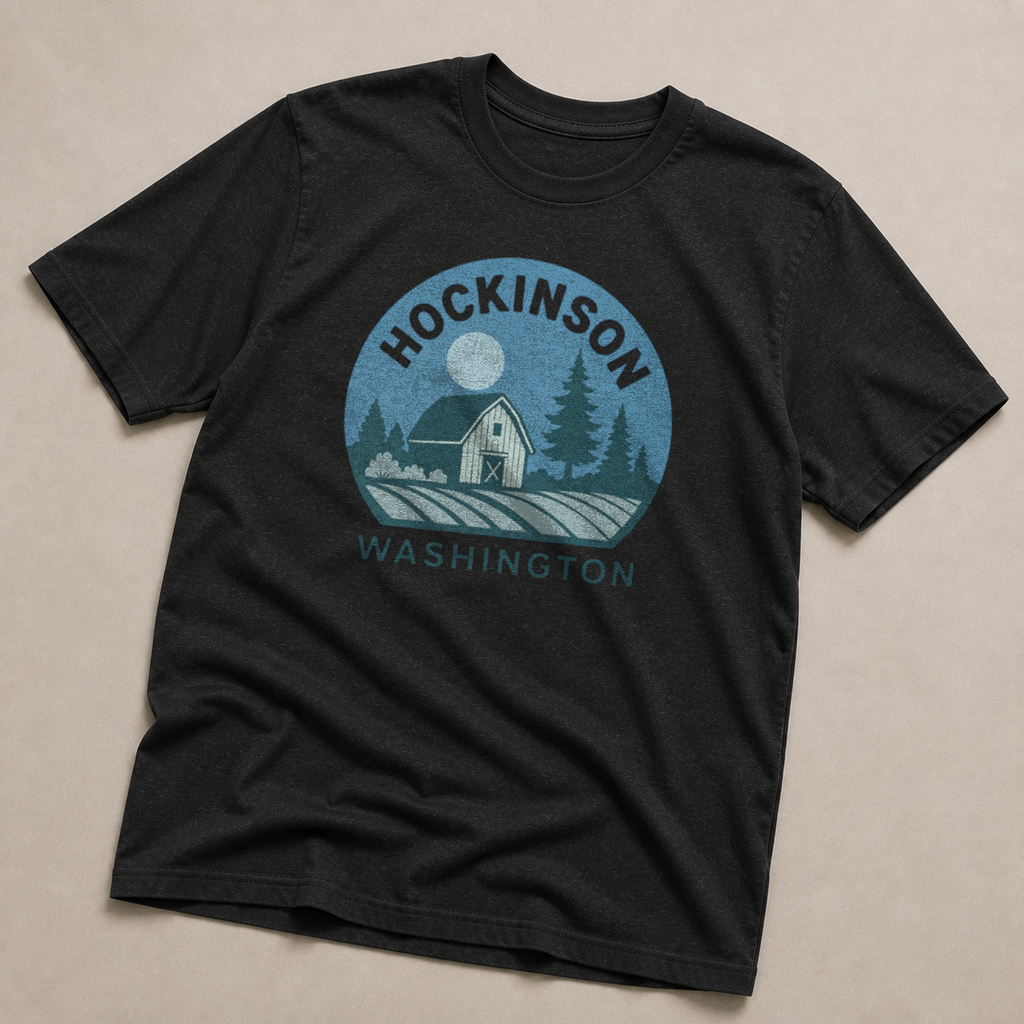 Front print view of Hockinson Night Blue Barn T-Shirt