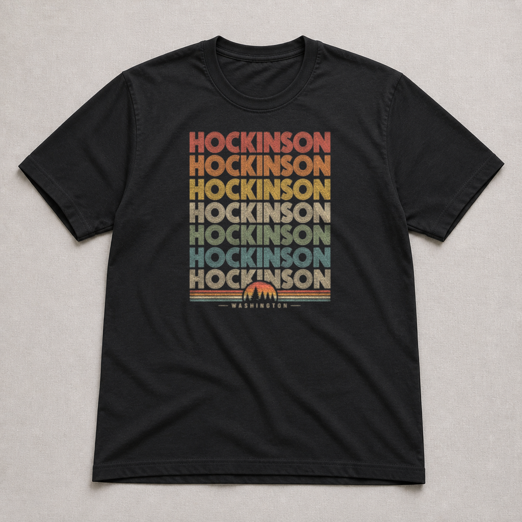 Front print view of Hockinson WA All-Over Retro Text Shirt