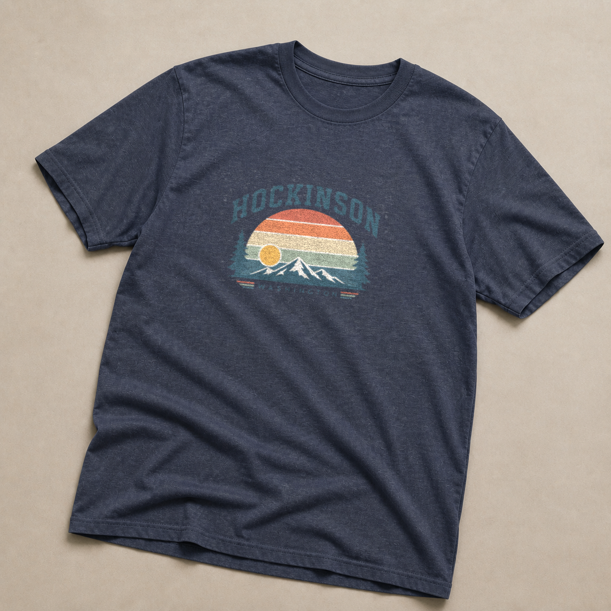 Front print view of Hockinson WA Retro Sunset Mountains T-Shirt