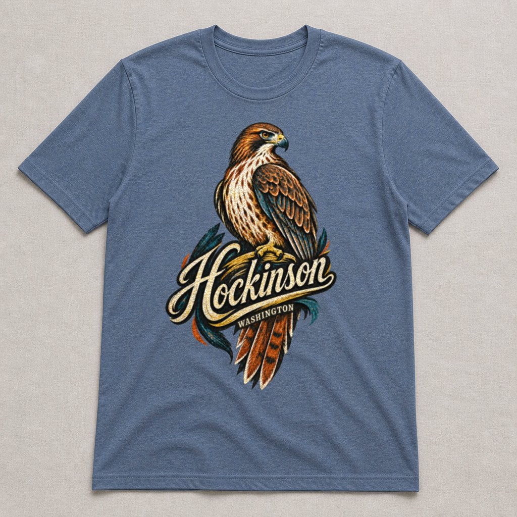 Front print view of Hockinson WA Vintage Hawk T-Shirt