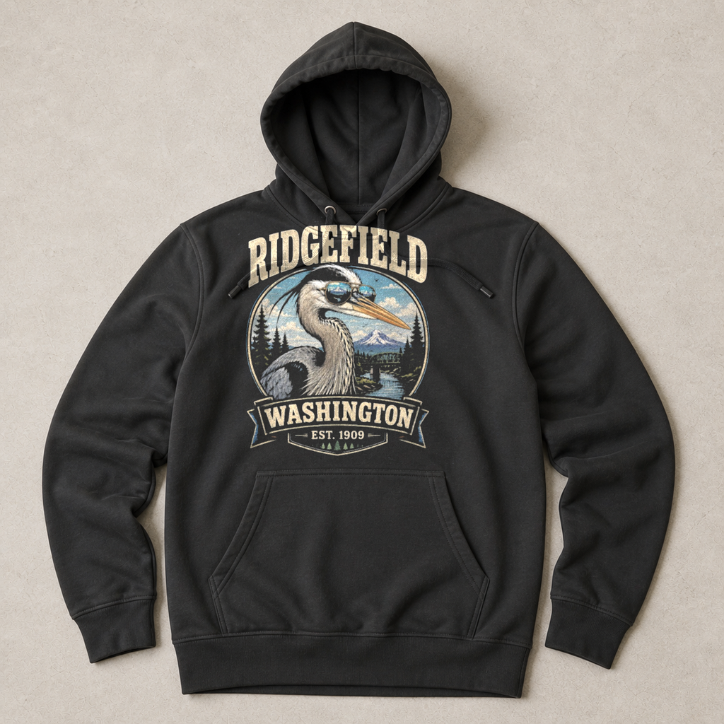Front print view of Ridgefield WA Heron Sunglasses Unisex Hoodie