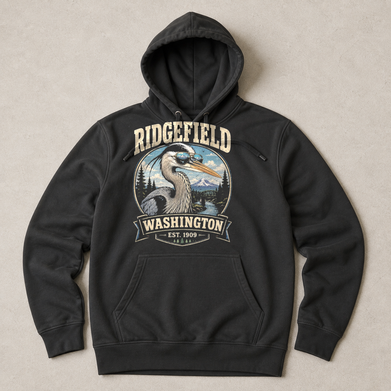 Front print view of Ridgefield WA Heron Sunglasses Unisex Hoodie