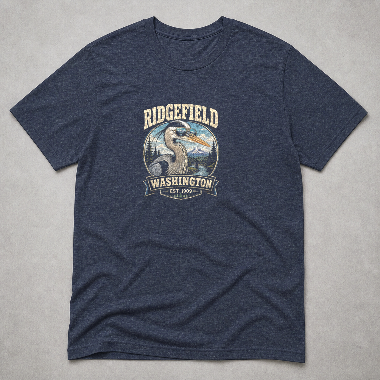 Front print view of Ridgefield WA Heron with Sunglasses Shirt