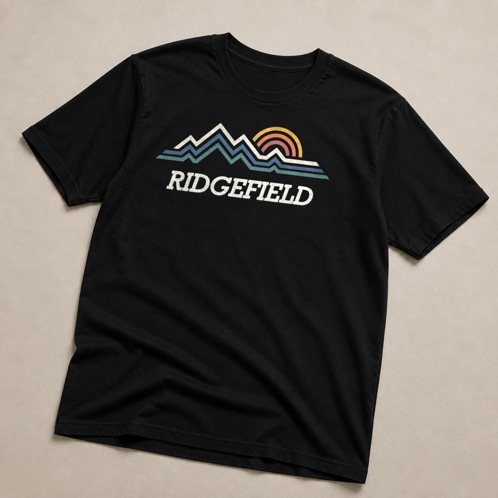 Front print view of Ridgefield WA Retro Mountain Sun Shirt