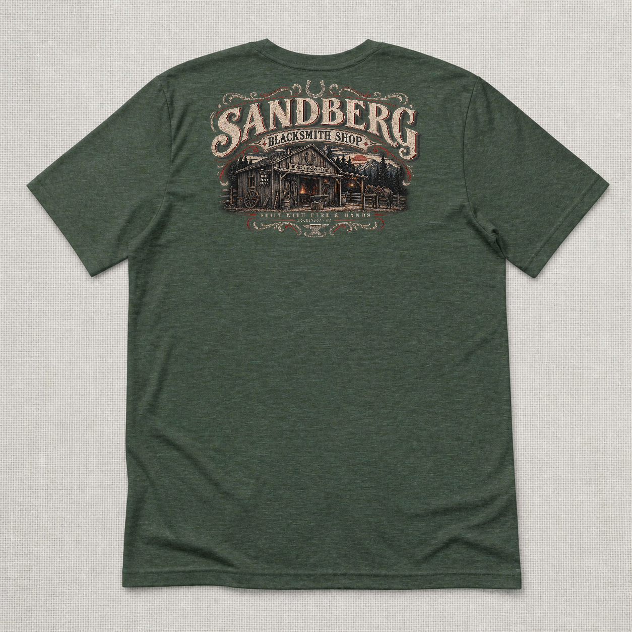 Back print view of Sandberg Blacksmith Shop Hockinson WA Shirt
