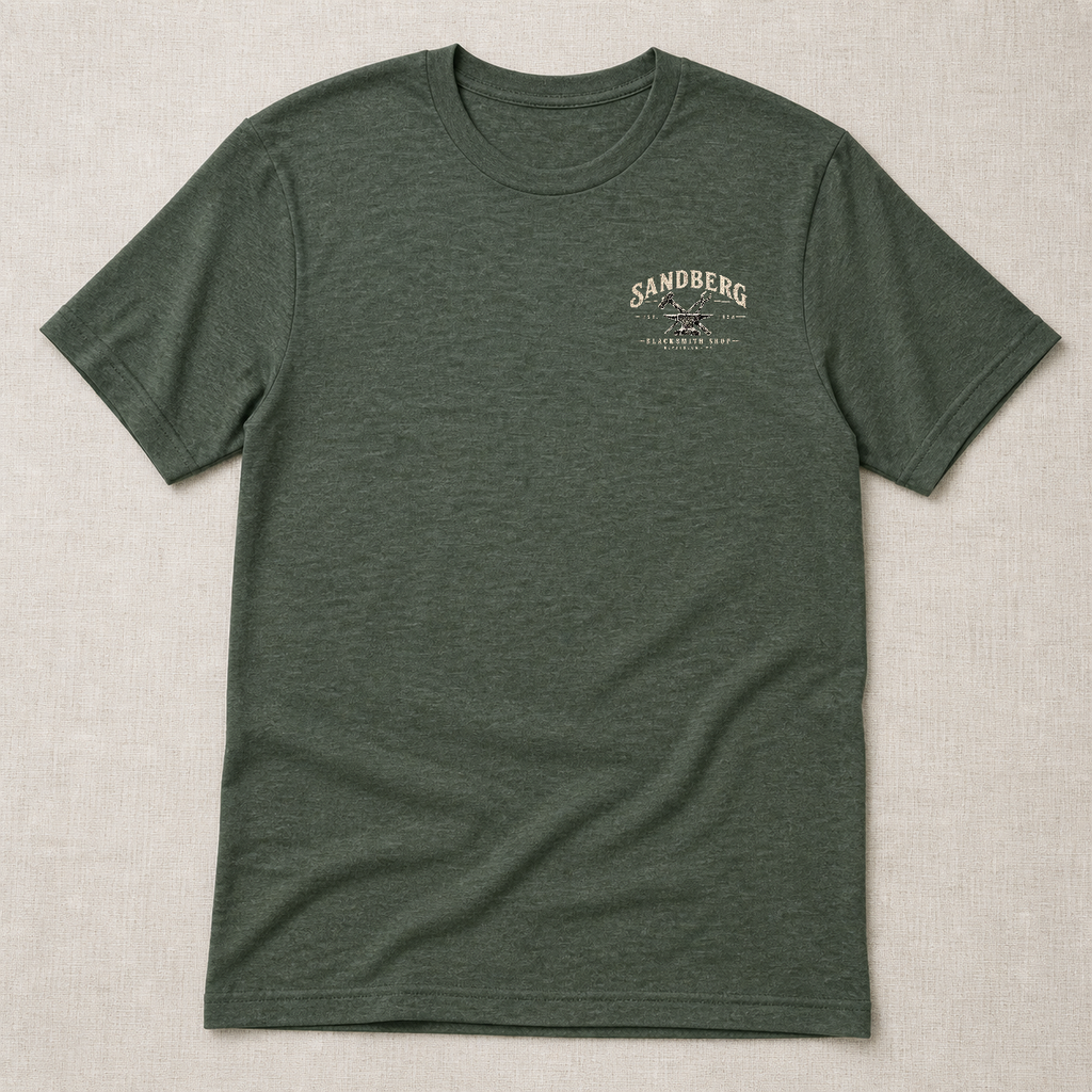 Front chest-print view of Sandberg Blacksmith Shop Hockinson WA Shirt