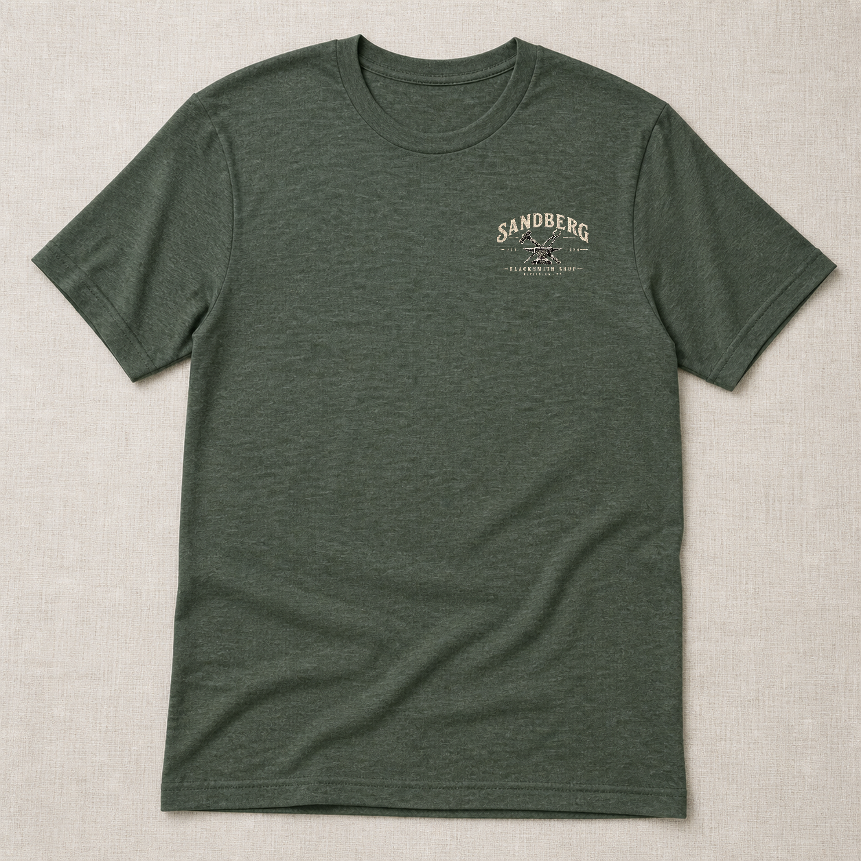Front chest-print view of Sandberg Blacksmith Shop Hockinson WA Shirt
