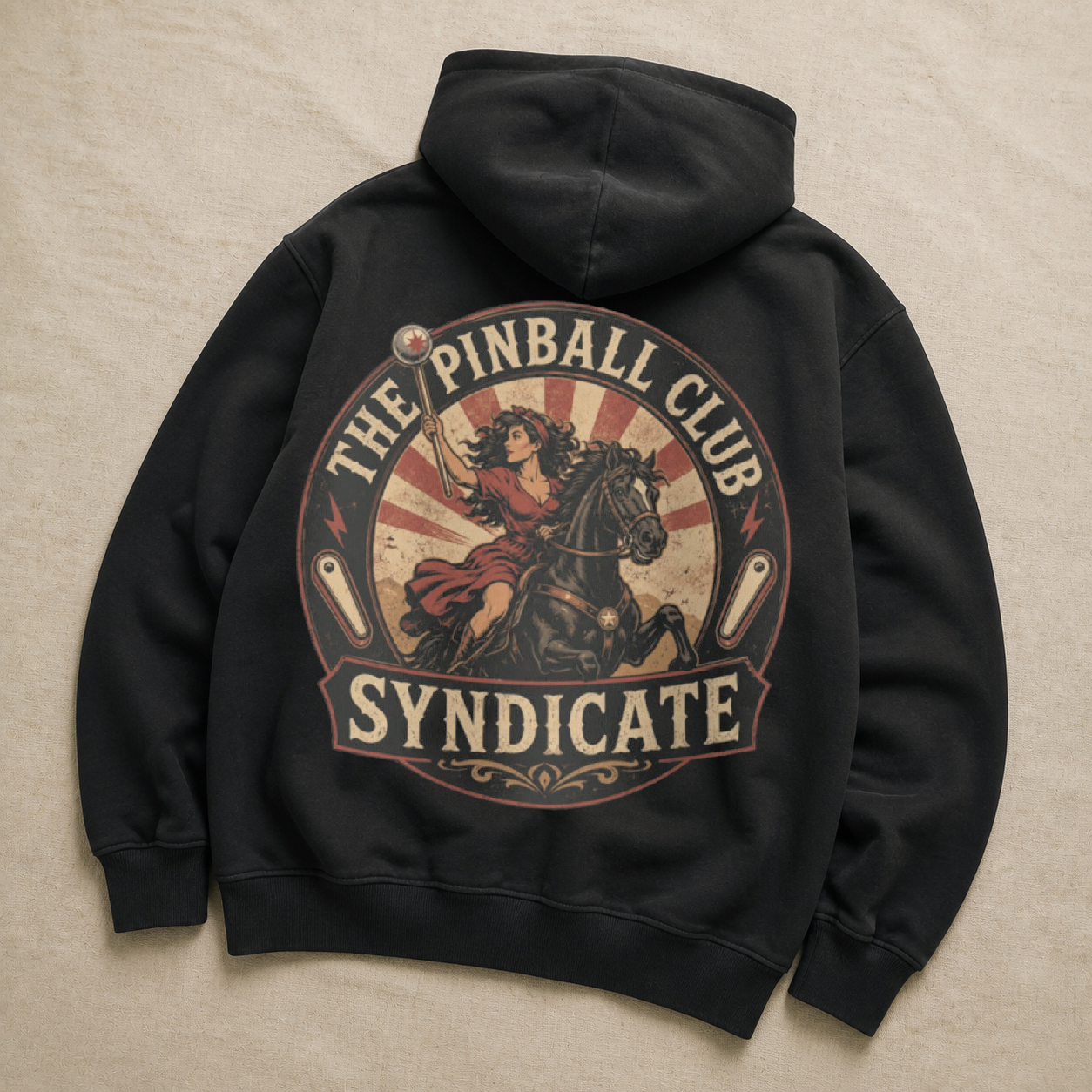 Back print view of The Pinball Club Syndicate Hoodie