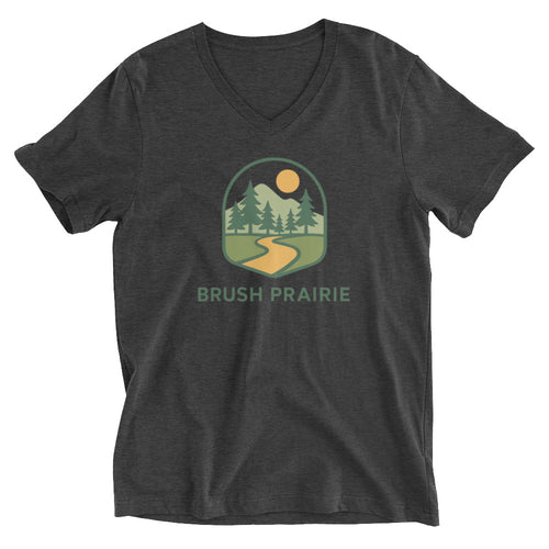 Brush Prairie WA evergreen trees retro sun V-neck shirt